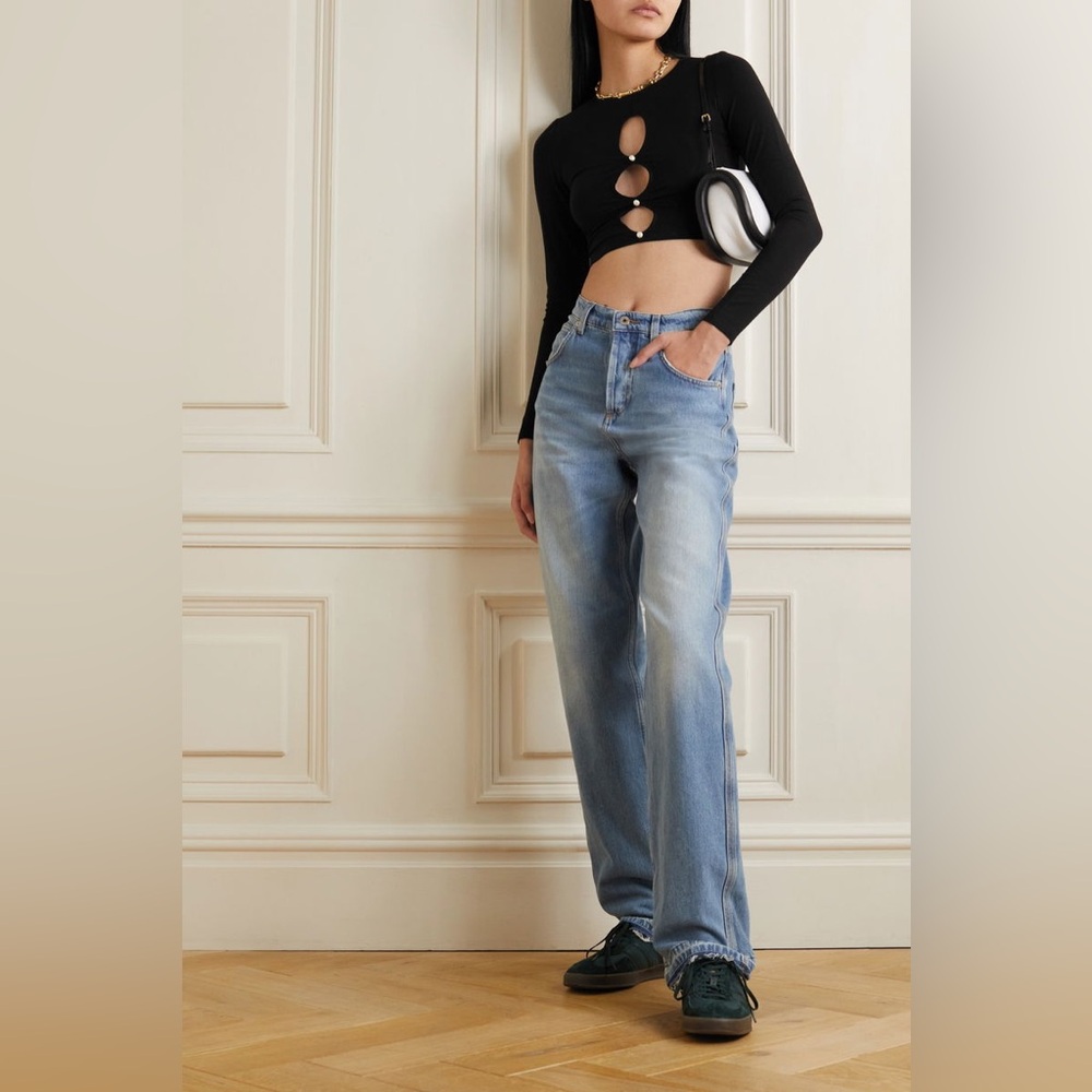 Reformation Vernon Cropped Faux Pearl-Embellished Stretch Top sz XS